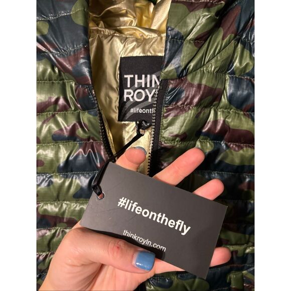 Think Royln Crop Hi Low Hoodie Poncho Green Camo Gold Duck Down XS/S NWT NEW - Picture 7 of 7
